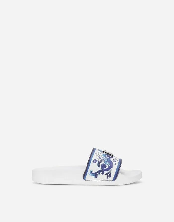 Dolce and Gabbana Shoes 2438 Children Majolicaprint Sliders With Metal DG Logo Multicolor