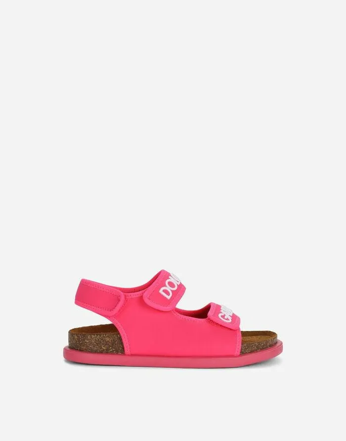 Dolce and Gabbana Shoes 2438 Children Technical Fabric Sandals With Logo Embroidery Pink