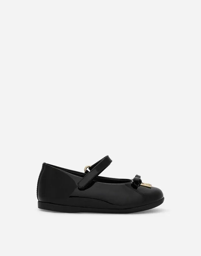 Dolce and Gabbana Shoes For First Steps 1926 Children Patent Leather Ballet Flats With Metal DG Logo Black