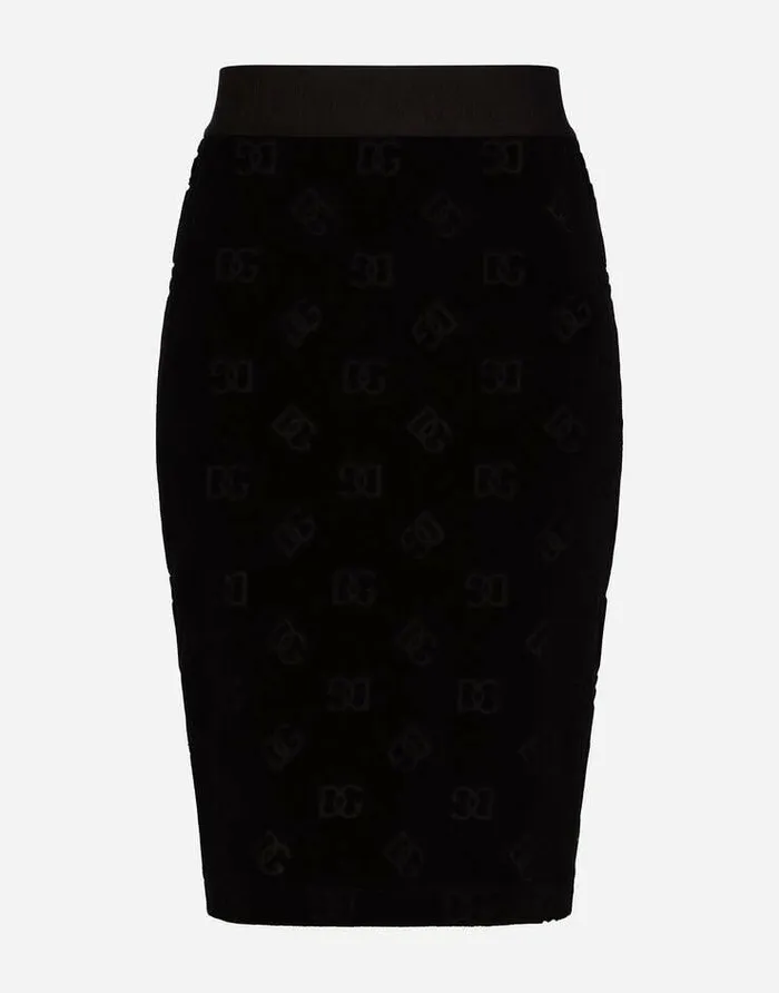 Dolce and Gabbana Skirts Women Flocked Jersey Midi Skirt With Allover DG Logo Black