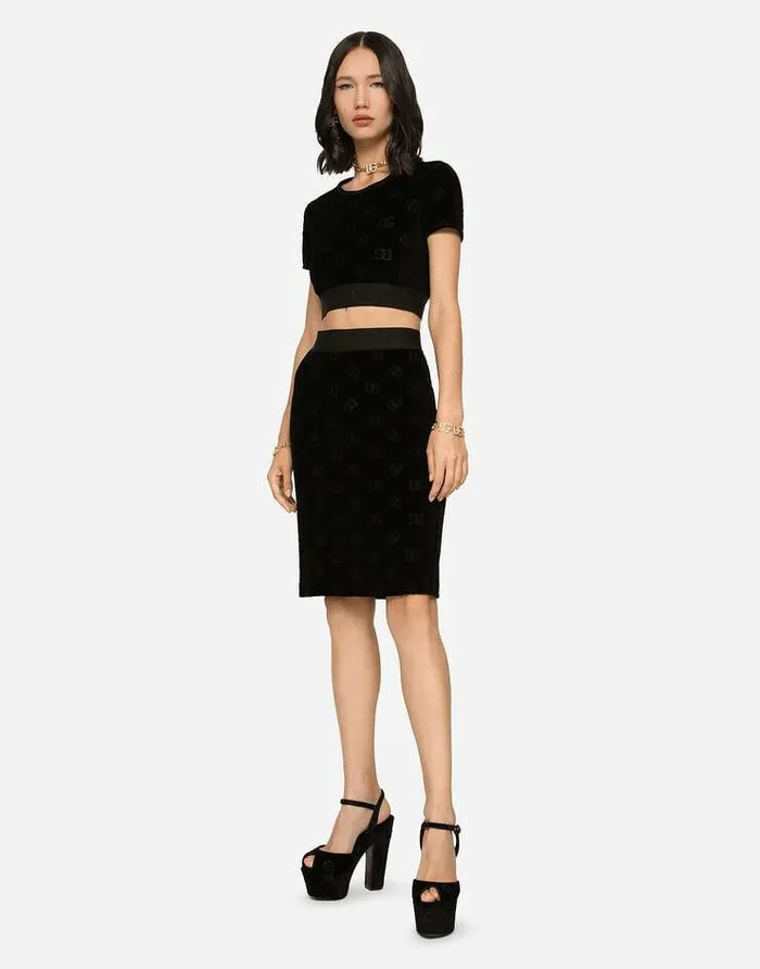 Dolce and Gabbana Skirts Women Flocked Jersey Midi Skirt With Allover DG Logo Black Dolce and Gabbana Skirts Women Flocked Jersey Midi Skirt With Allover DG Logo Black