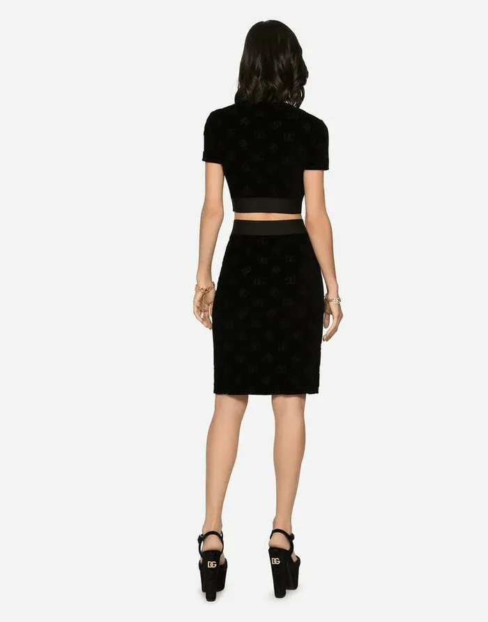 Dolce and Gabbana Skirts Women Flocked Jersey Midi Skirt With Allover DG Logo Black Dolce and Gabbana Skirts Women Flocked Jersey Midi Skirt With Allover DG Logo Black