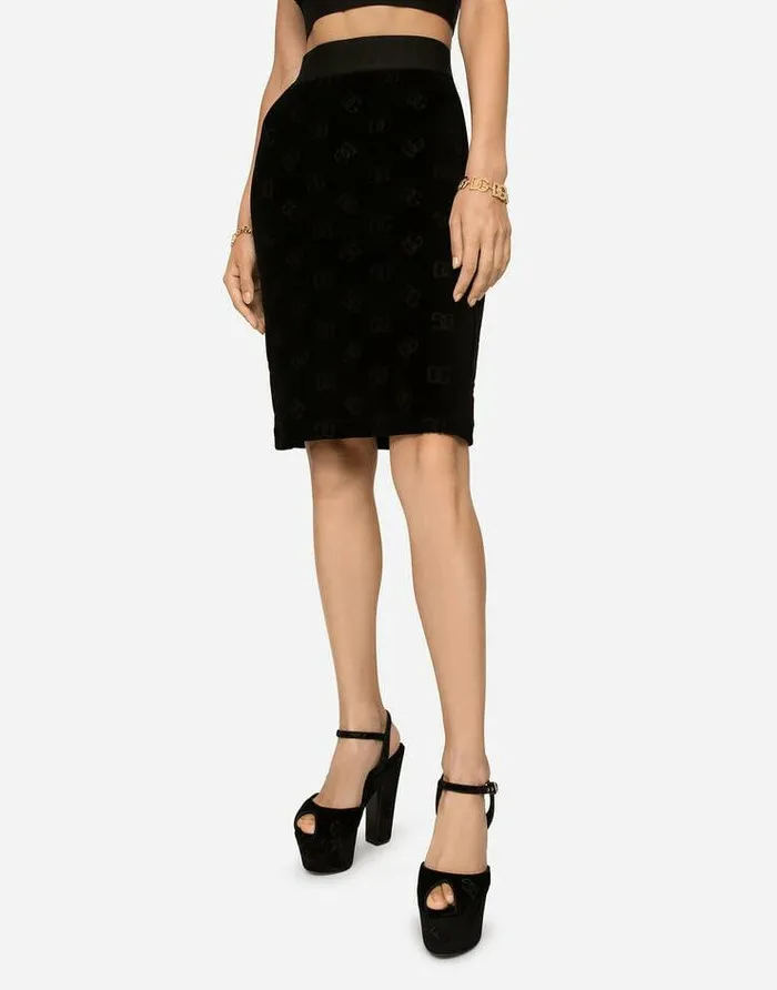Dolce and Gabbana Skirts Women Flocked Jersey Midi Skirt With Allover DG Logo Black Dolce and Gabbana Skirts Women Flocked Jersey Midi Skirt With Allover DG Logo Black