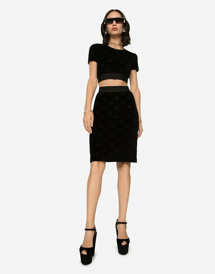 Dolce and Gabbana Skirts Women Flocked Jersey Midi Skirt With Allover DG Logo Black Dolce and Gabbana Skirts Women Flocked Jersey Midi Skirt With Allover DG Logo Black