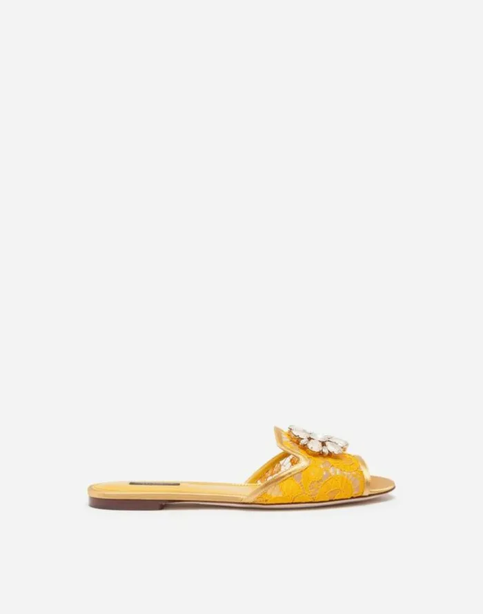 Dolce and Gabbana Slides And Mules Women Lace Rainbow Slides With Brooch Detailing Mustard