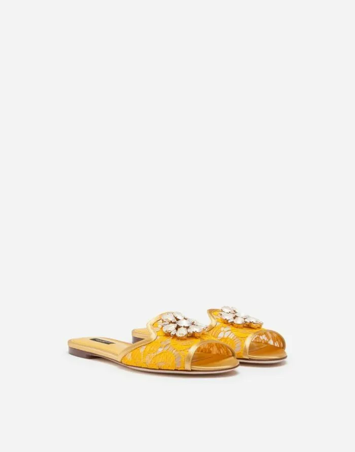 Dolce and Gabbana Slides And Mules Women Lace Rainbow Slides With Brooch Detailing Mustard Dolce and Gabbana Slides And Mules Women Lace Rainbow Slides With Brooch Detailing Mustard