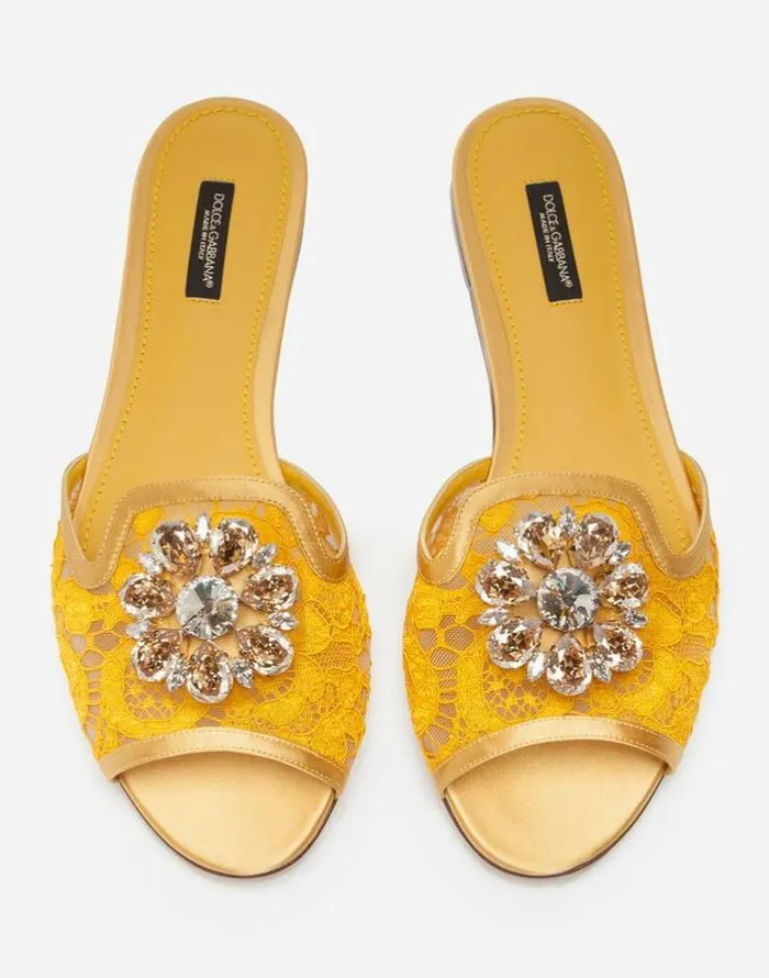 Dolce and Gabbana Slides And Mules Women Lace Rainbow Slides With Brooch Detailing Mustard Dolce and Gabbana Slides And Mules Women Lace Rainbow Slides With Brooch Detailing Mustard