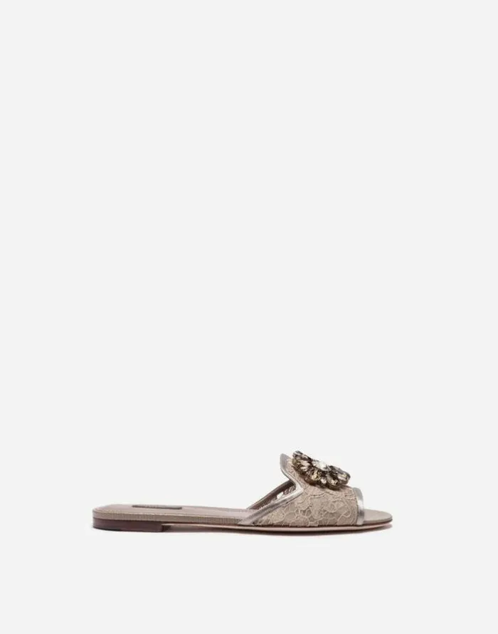 Dolce and Gabbana Slides And Mules Women Lace Rainbow Slides With Brooch Detailing Sand