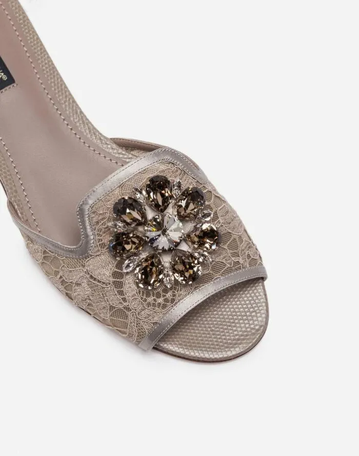 Dolce and Gabbana Slides And Mules Women Lace Rainbow Slides With Brooch Detailing Sand