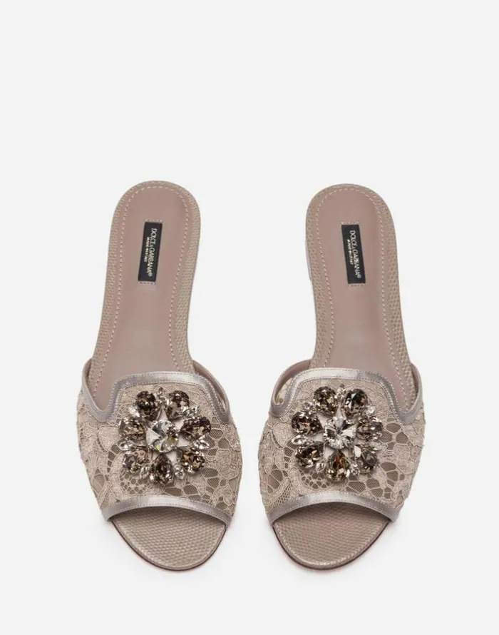 Dolce and Gabbana Slides And Mules Women Lace Rainbow Slides With Brooch Detailing Sand