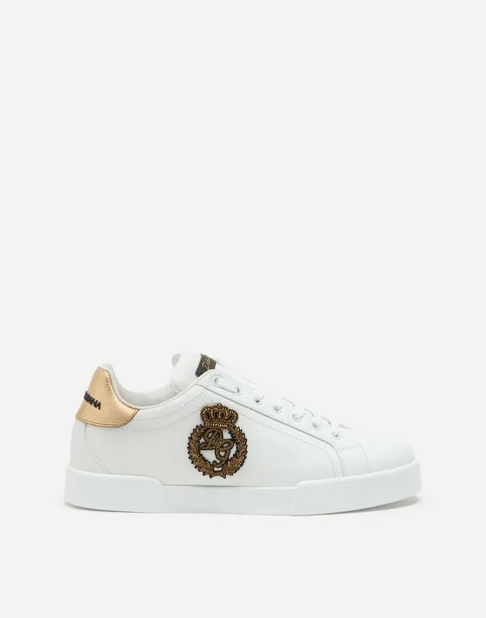 Dolce and Gabbana Sneakers Men Calfskin Nappa Portofino Sneakers With Crown Patch Whitegold