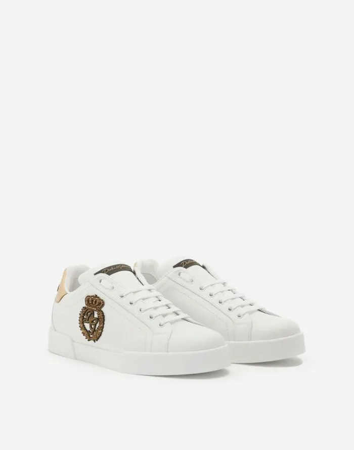 Dolce and Gabbana Sneakers Men Calfskin Nappa Portofino Sneakers With Crown Patch Whitegold