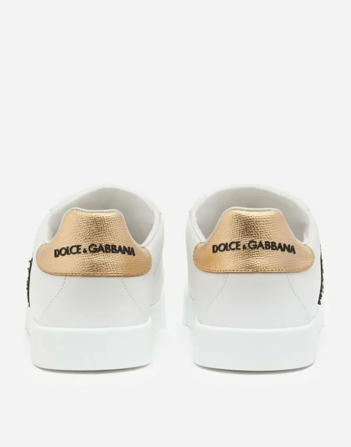Dolce and Gabbana Sneakers Men Calfskin Nappa Portofino Sneakers With Crown Patch Whitegold