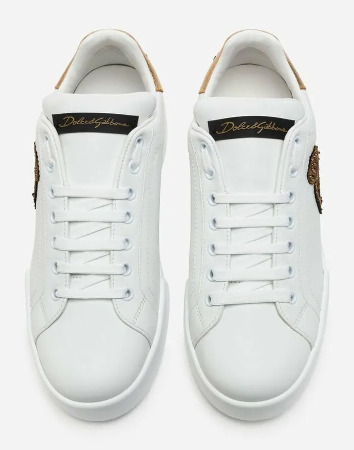 Dolce and Gabbana Sneakers Men Calfskin Nappa Portofino Sneakers With Crown Patch Whitegold