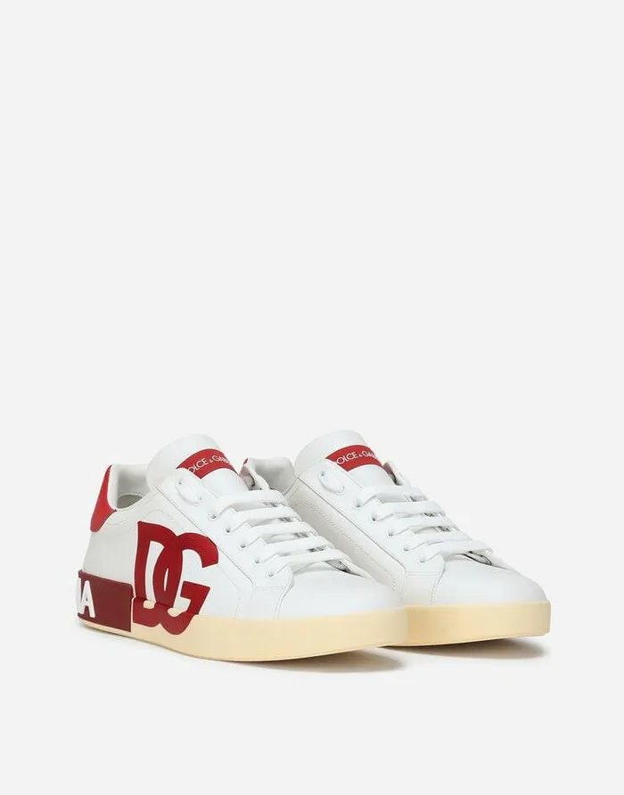 Dolce and Gabbana Sneakers Men Calfskin Portofino Sneakers With DG Logo Print Multicolor