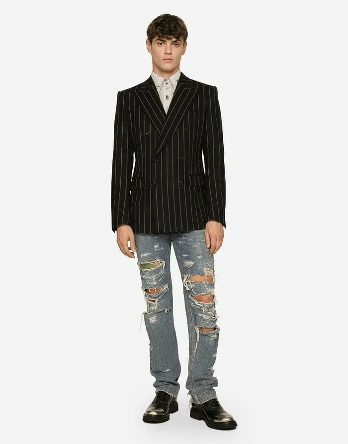 Dolce and Gabbana Suits And Blazers Men Doublebreasted Jacket In Pinstripe Stretch Wool Multicolor