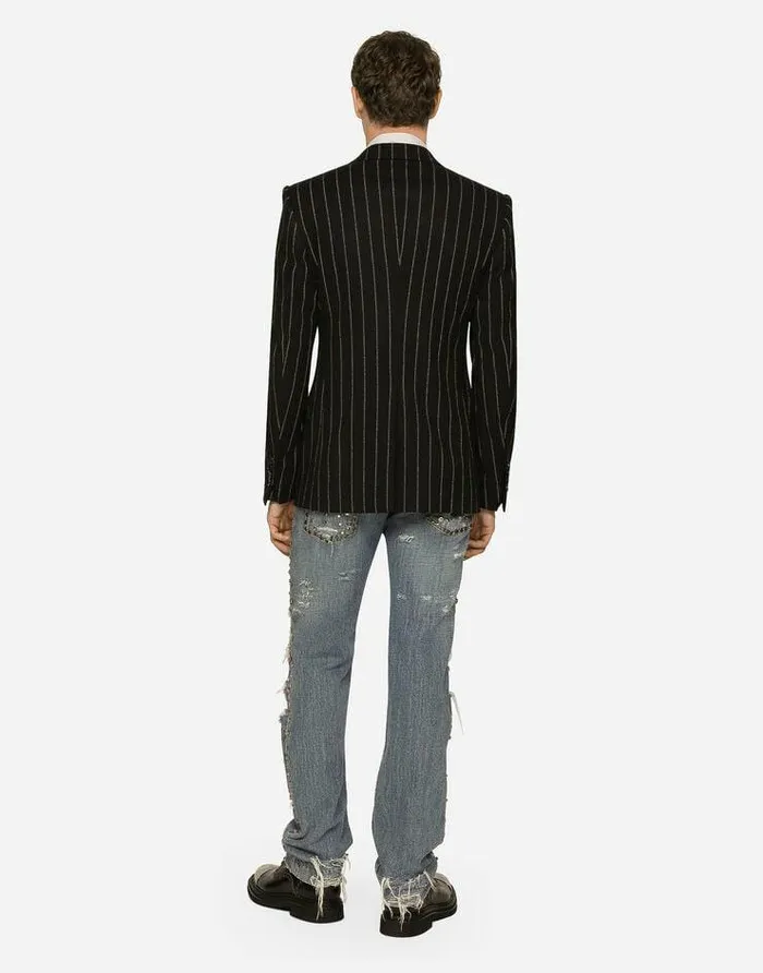 Dolce and Gabbana Suits And Blazers Men Doublebreasted Jacket In Pinstripe Stretch Wool Multicolor