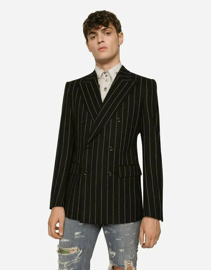 Dolce and Gabbana Suits And Blazers Men Doublebreasted Jacket In Pinstripe Stretch Wool Multicolor