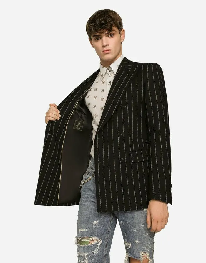 Dolce and Gabbana Suits And Blazers Men Doublebreasted Jacket In Pinstripe Stretch Wool Multicolor
