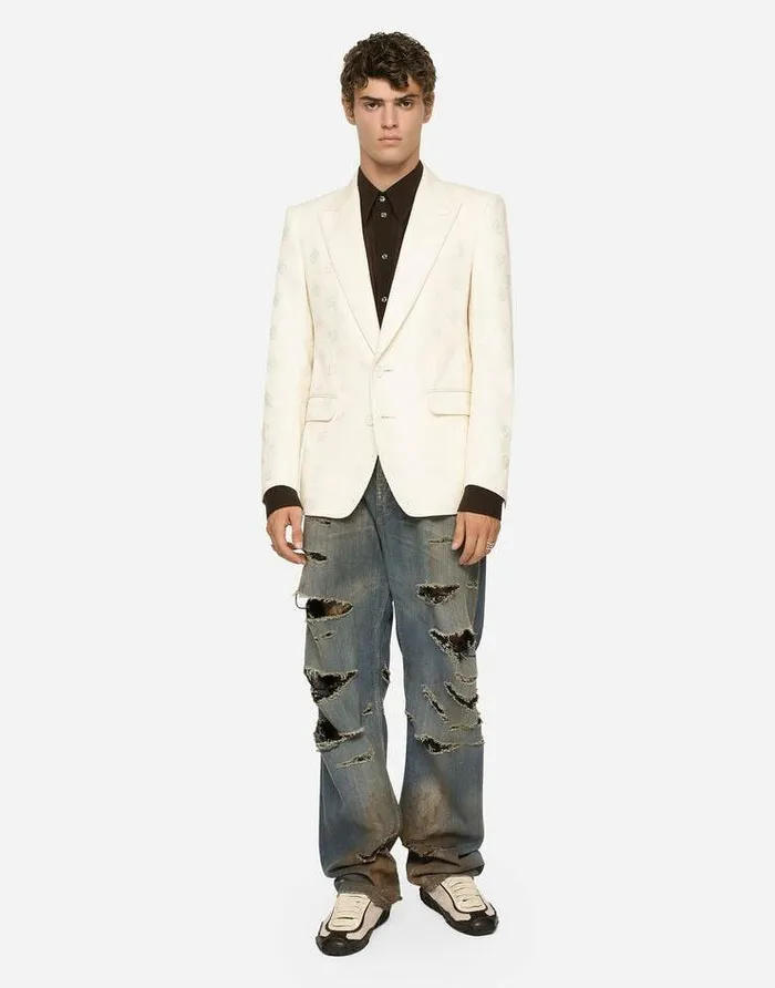 Dolce and Gabbana Suits And Blazers Men Singlebreasted Cotton Siciliafit Jacket With Jacquard DG Details White Dolce and Gabbana Suits And Blazers Men Singlebreasted Cotton Siciliafit Jacket With Jacquard DG Details White