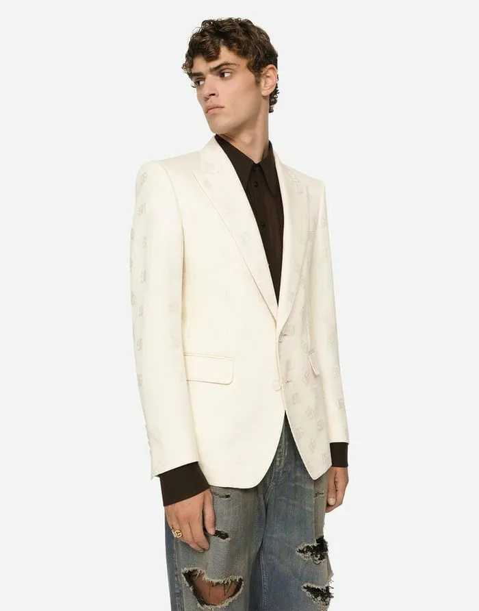 Dolce and Gabbana Suits And Blazers Men Singlebreasted Cotton Siciliafit Jacket With Jacquard DG Details White Dolce and Gabbana Suits And Blazers Men Singlebreasted Cotton Siciliafit Jacket With Jacquard DG Details White