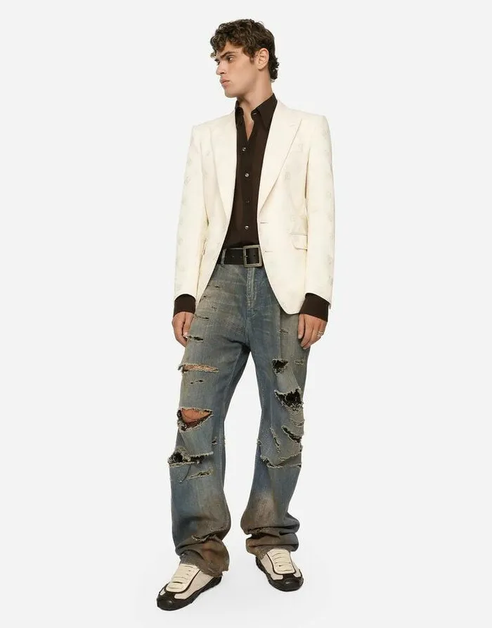Dolce and Gabbana Suits And Blazers Men Singlebreasted Cotton Siciliafit Jacket With Jacquard DG Details White Dolce and Gabbana Suits And Blazers Men Singlebreasted Cotton Siciliafit Jacket With Jacquard DG Details White