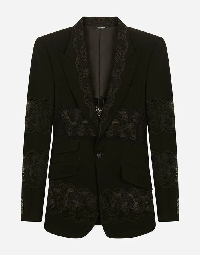 Dolce and Gabbana Suits And Blazers Men Stretch Wool Jacket With Lace Inserts Black Dolce and Gabbana Suits And Blazers Men Stretch Wool Jacket With Lace Inserts Black