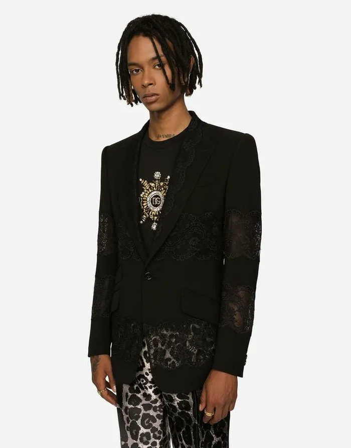 Dolce and Gabbana Suits And Blazers Men Stretch Wool Jacket With Lace Inserts Black