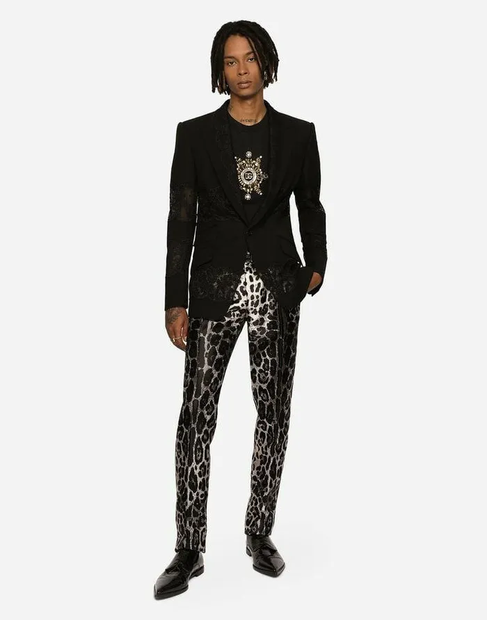 Dolce and Gabbana Suits And Blazers Men Stretch Wool Jacket With Lace Inserts Black