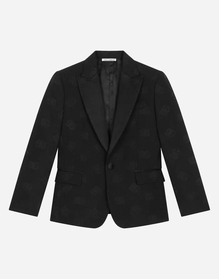 Dolce and Gabbana Suits Children Singlebreasted Wool Jacquard Tuxedo Jacket With DG Logo Black Dolce and Gabbana Suits Children Singlebreasted Wool Jacquard Tuxedo Jacket With DG Logo Black