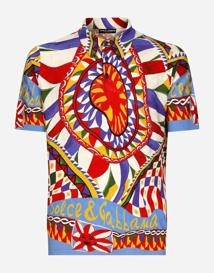 Dolce and Gabbana Sweaters And Cardigans Men 3D Silk Jacquard Poloshirt With Carretto Print Multicolor