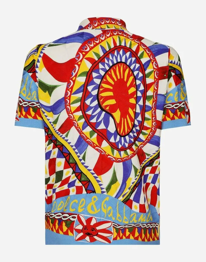 Dolce and Gabbana Sweaters And Cardigans Men 3D Silk Jacquard Poloshirt With Carretto Print Multicolor Dolce and Gabbana Sweaters And Cardigans Men 3D Silk Jacquard Poloshirt With Carretto Print Multicolor