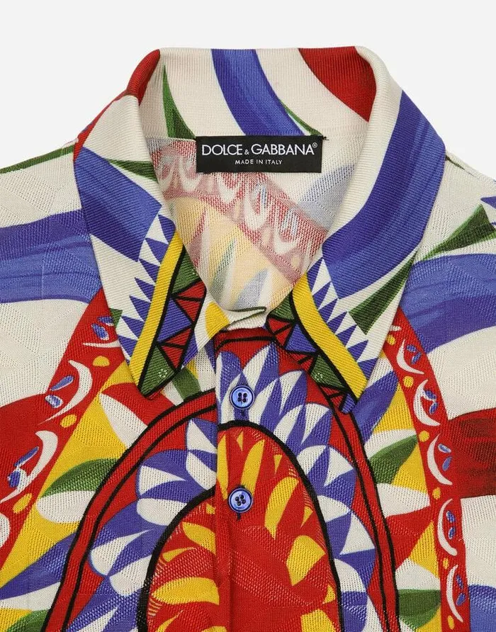 Dolce and Gabbana Sweaters And Cardigans Men 3D Silk Jacquard Poloshirt With Carretto Print Multicolor Dolce and Gabbana Sweaters And Cardigans Men 3D Silk Jacquard Poloshirt With Carretto Print Multicolor