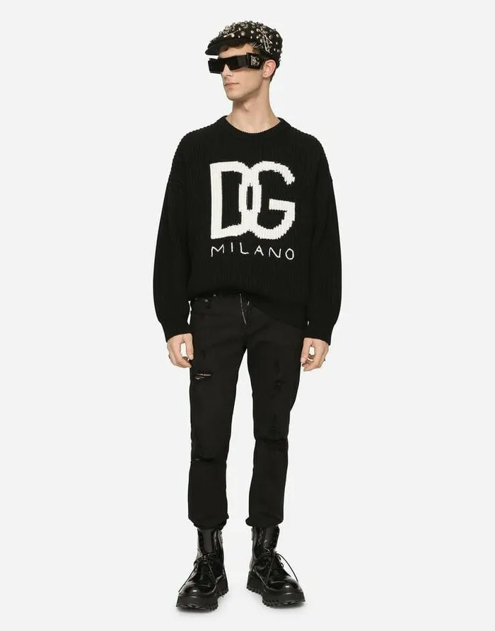 Dolce and Gabbana Sweaters And Cardigans Men Cashmere Roundneck Sweater With DG Logo Inlay Multicolor Dolce and Gabbana Sweaters And Cardigans Men Cashmere Roundneck Sweater With DG Logo Inlay Multicolor