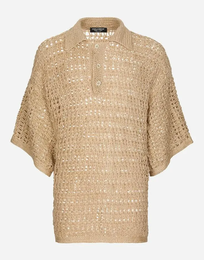 Dolce and Gabbana Sweaters And Cardigans Men Linen Poloshirt Beige