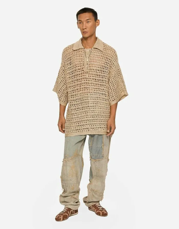 Dolce and Gabbana Sweaters And Cardigans Men Linen Poloshirt Beige Dolce and Gabbana Sweaters And Cardigans Men Linen Poloshirt Beige