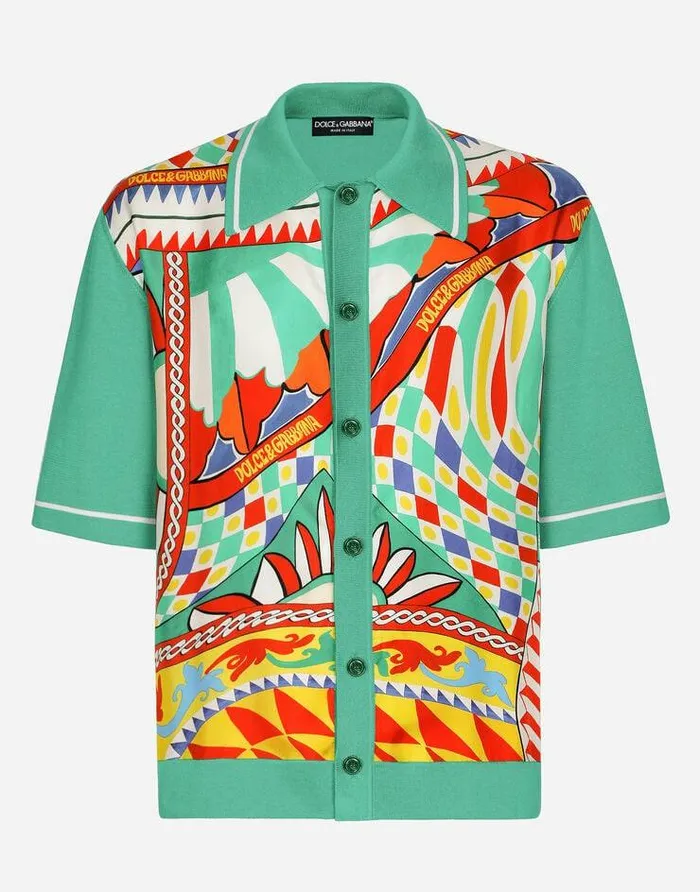 Dolce and Gabbana Sweaters And Cardigans Men Poloshirt With Carrettoprint Panel Multicolor