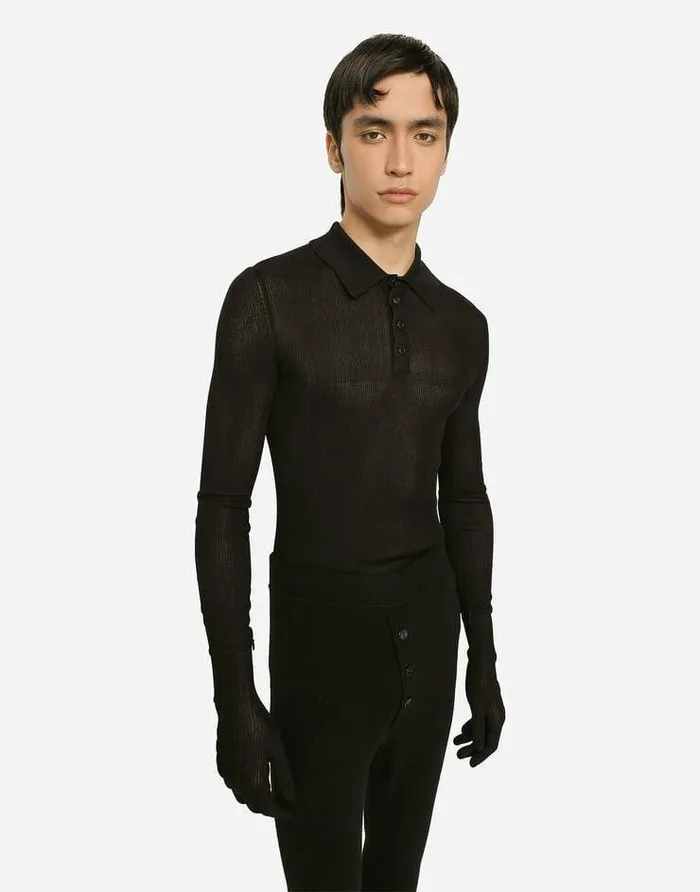 Dolce and Gabbana Sweaters And Cardigans Men Ribbed Viscose Poloshirt Black