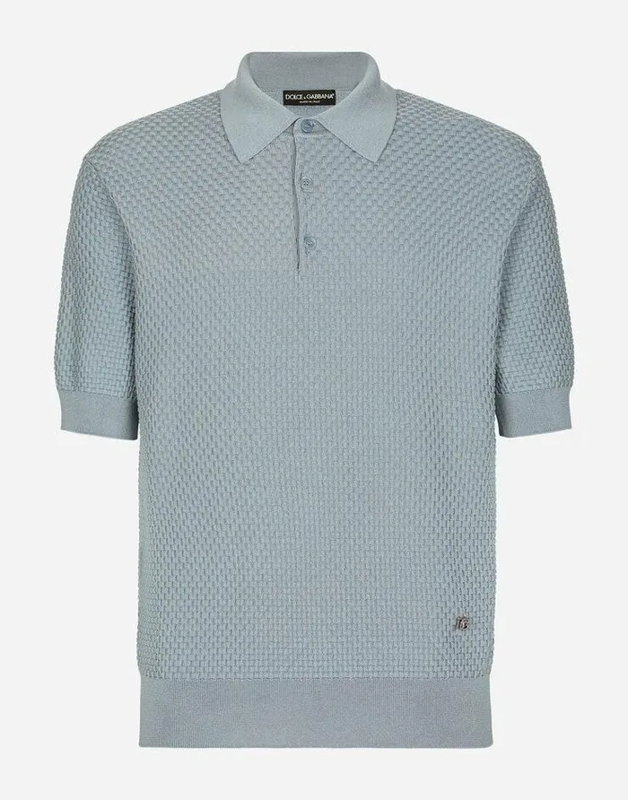 Dolce and Gabbana Sweaters And Cardigans Men Stretch Cotton Poloshirt With DG Hardware Azure