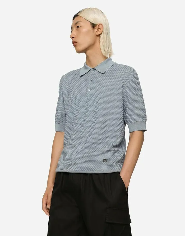 Dolce and Gabbana Sweaters And Cardigans Men Stretch Cotton Poloshirt With DG Hardware Azure Dolce and Gabbana Sweaters And Cardigans Men Stretch Cotton Poloshirt With DG Hardware Azure
