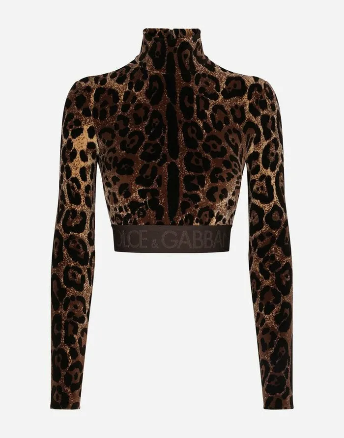 Dolce and Gabbana Sweaters And Cardigans Women Chenille Turtleneck Top With Jacquard Leopard Design Multicolor