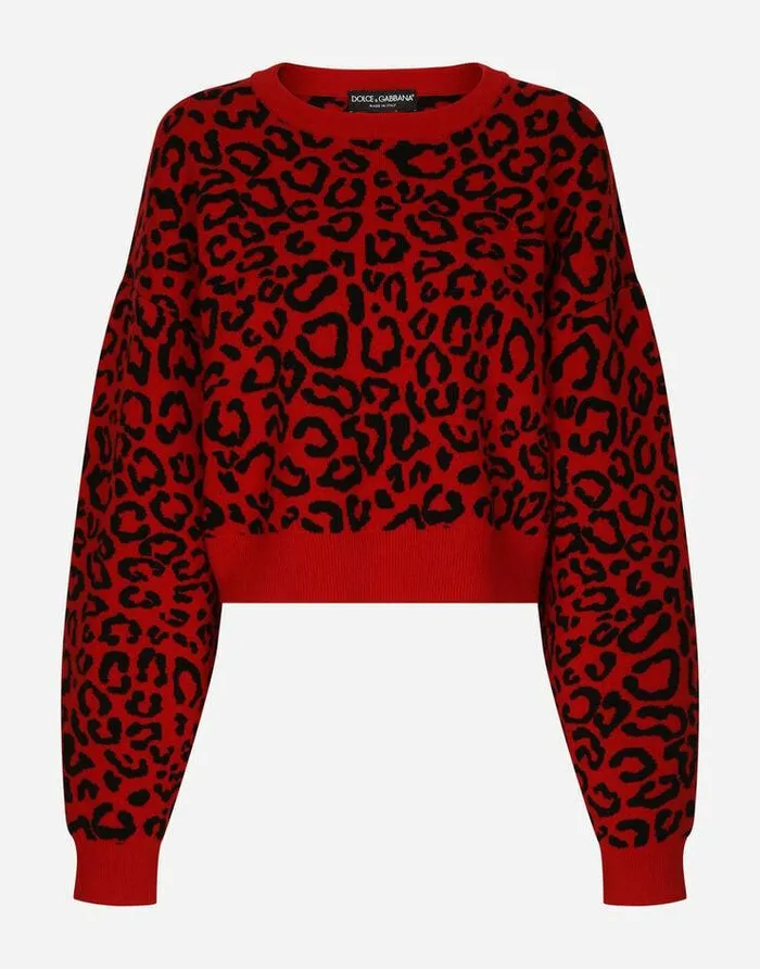 Dolce and Gabbana Sweaters And Cardigans Women Cropped Wool Sweater With Leopard Inlay Multicolor