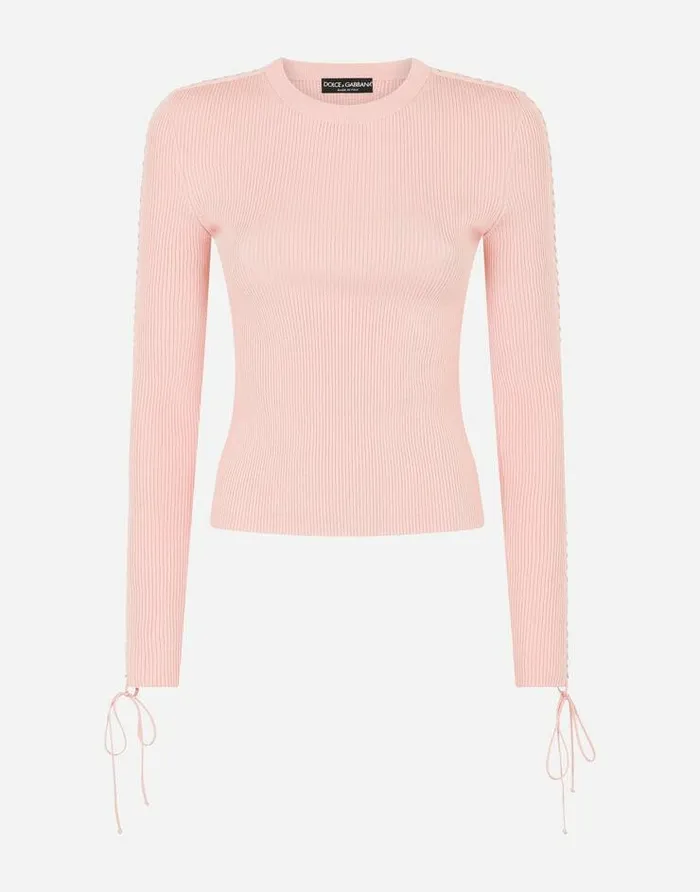 Dolce and Gabbana Sweaters And Cardigans Women Viscose Ribbed Sweater With Lacing And Eyelets Pink