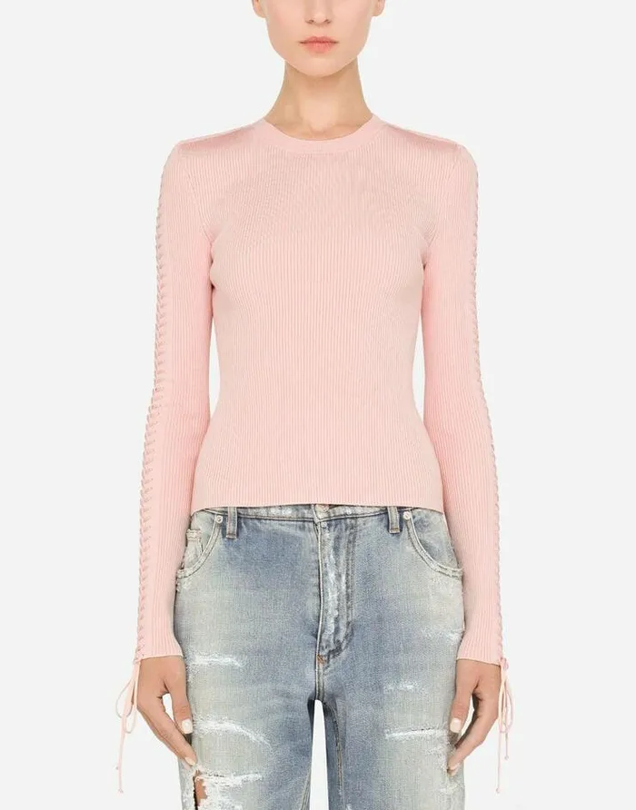 Dolce and Gabbana Sweaters And Cardigans Women Viscose Ribbed Sweater With Lacing And Eyelets Pink Dolce and Gabbana Sweaters And Cardigans Women Viscose Ribbed Sweater With Lacing And Eyelets Pink