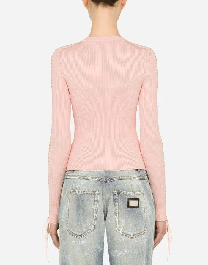 Dolce and Gabbana Sweaters And Cardigans Women Viscose Ribbed Sweater With Lacing And Eyelets Pink Dolce and Gabbana Sweaters And Cardigans Women Viscose Ribbed Sweater With Lacing And Eyelets Pink