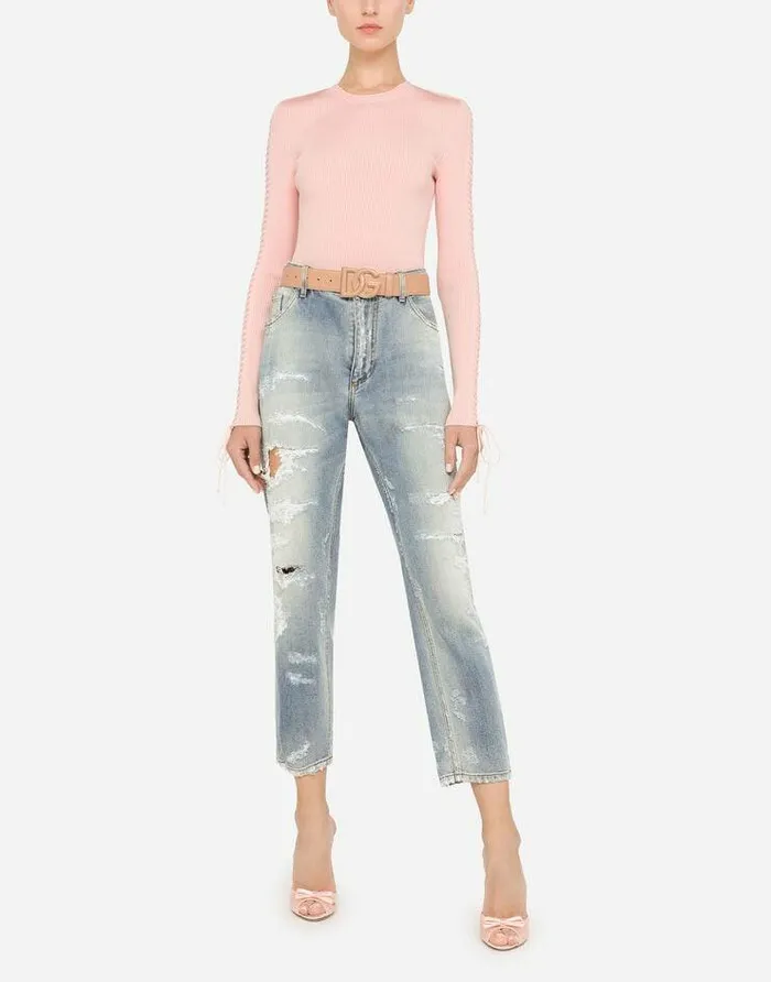 Dolce and Gabbana Sweaters And Cardigans Women Viscose Ribbed Sweater With Lacing And Eyelets Pink Dolce and Gabbana Sweaters And Cardigans Women Viscose Ribbed Sweater With Lacing And Eyelets Pink