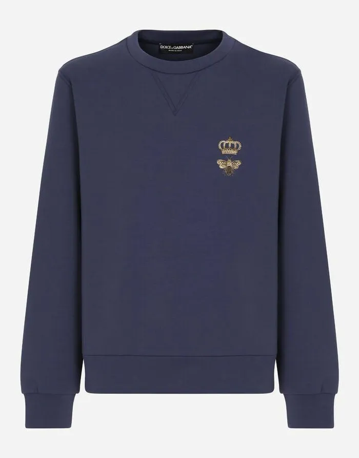 Dolce and Gabbana Sweatshirts Men Cotton Jersey Sweatshirt With Embroidery Blue Dolce and Gabbana Sweatshirts Men Cotton Jersey Sweatshirt With Embroidery Blue