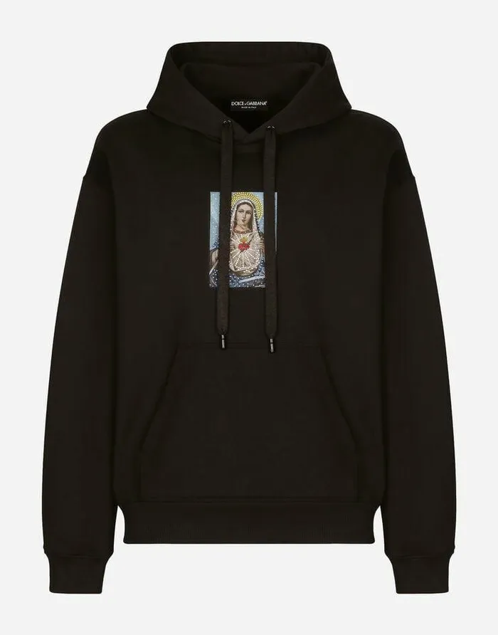 Dolce and Gabbana Sweatshirts Men Jersey Hoodie With Print And Fusible Rhinestone Embellishment Black Dolce and Gabbana Sweatshirts Men Jersey Hoodie With Print And Fusible Rhinestone Embellishment Black