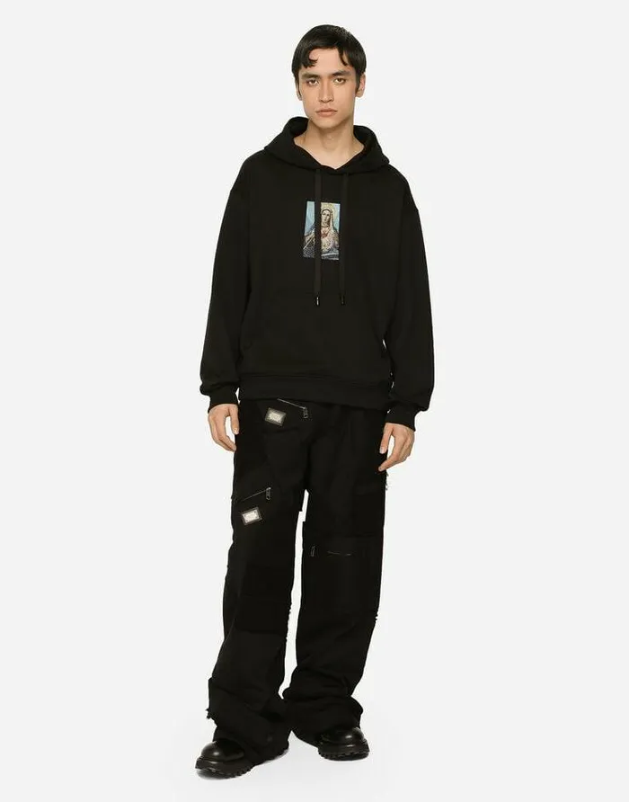 Dolce and Gabbana Sweatshirts Men Jersey Hoodie With Print And Fusible Rhinestone Embellishment Black