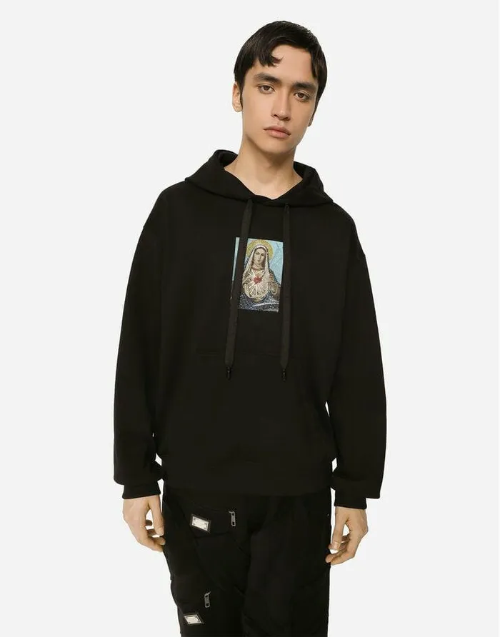 Dolce and Gabbana Sweatshirts Men Jersey Hoodie With Print And Fusible Rhinestone Embellishment Black